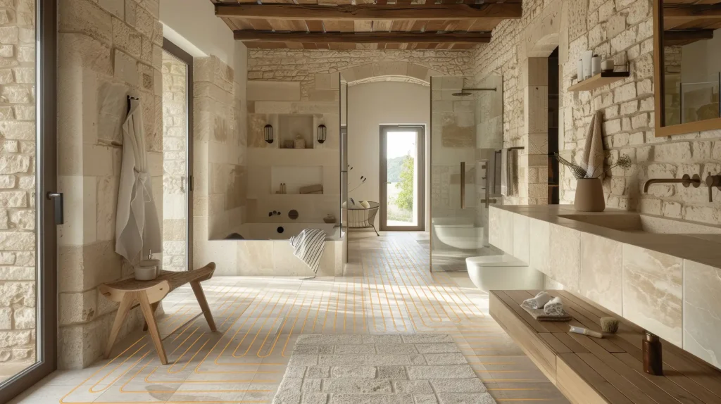 Modernes Badezimmer mit installiertem T4 Klimaboden System für effiziente Fußbodenheizung und Sanierung.