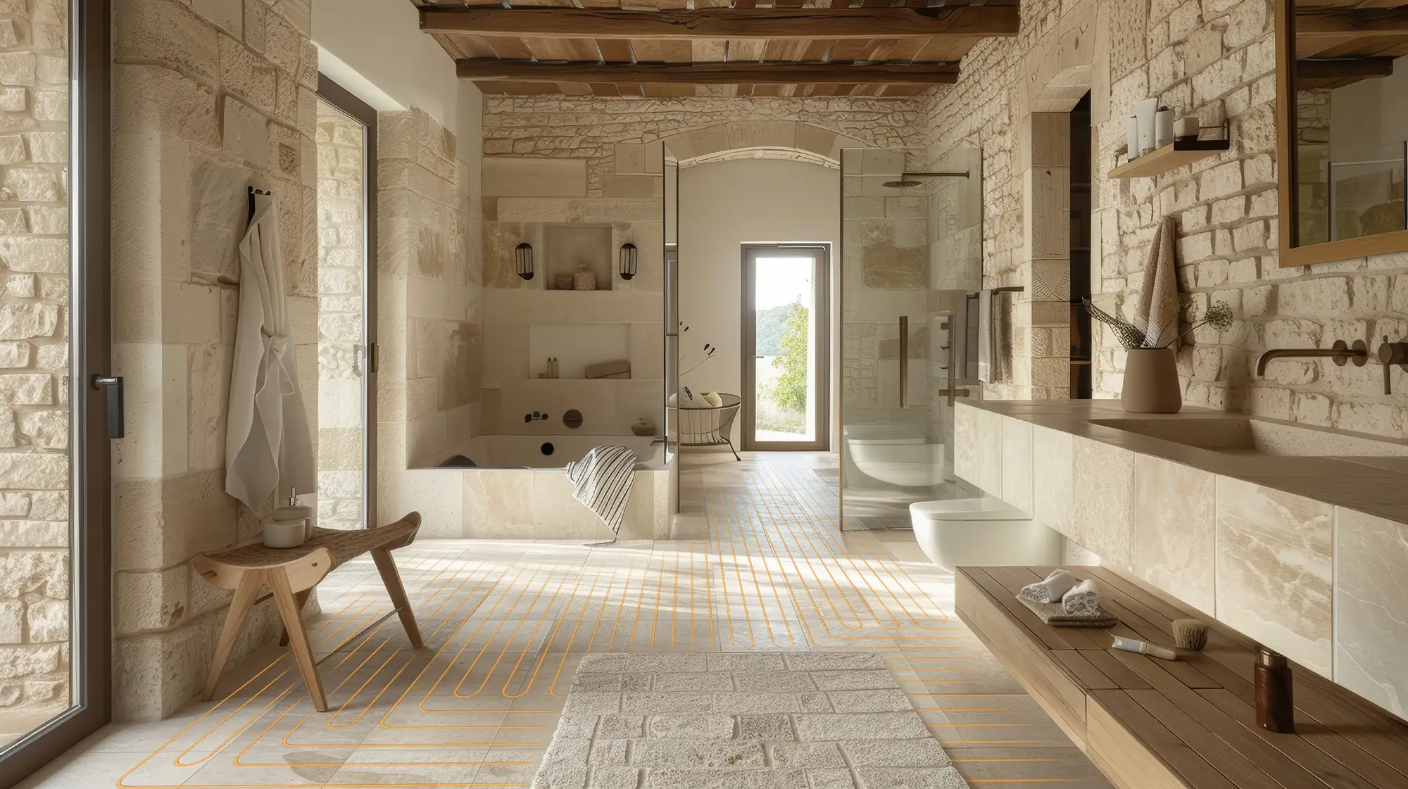 Modernes Badezimmer mit installiertem T4 Klimaboden System für effiziente Fußbodenheizung und Sanierung.